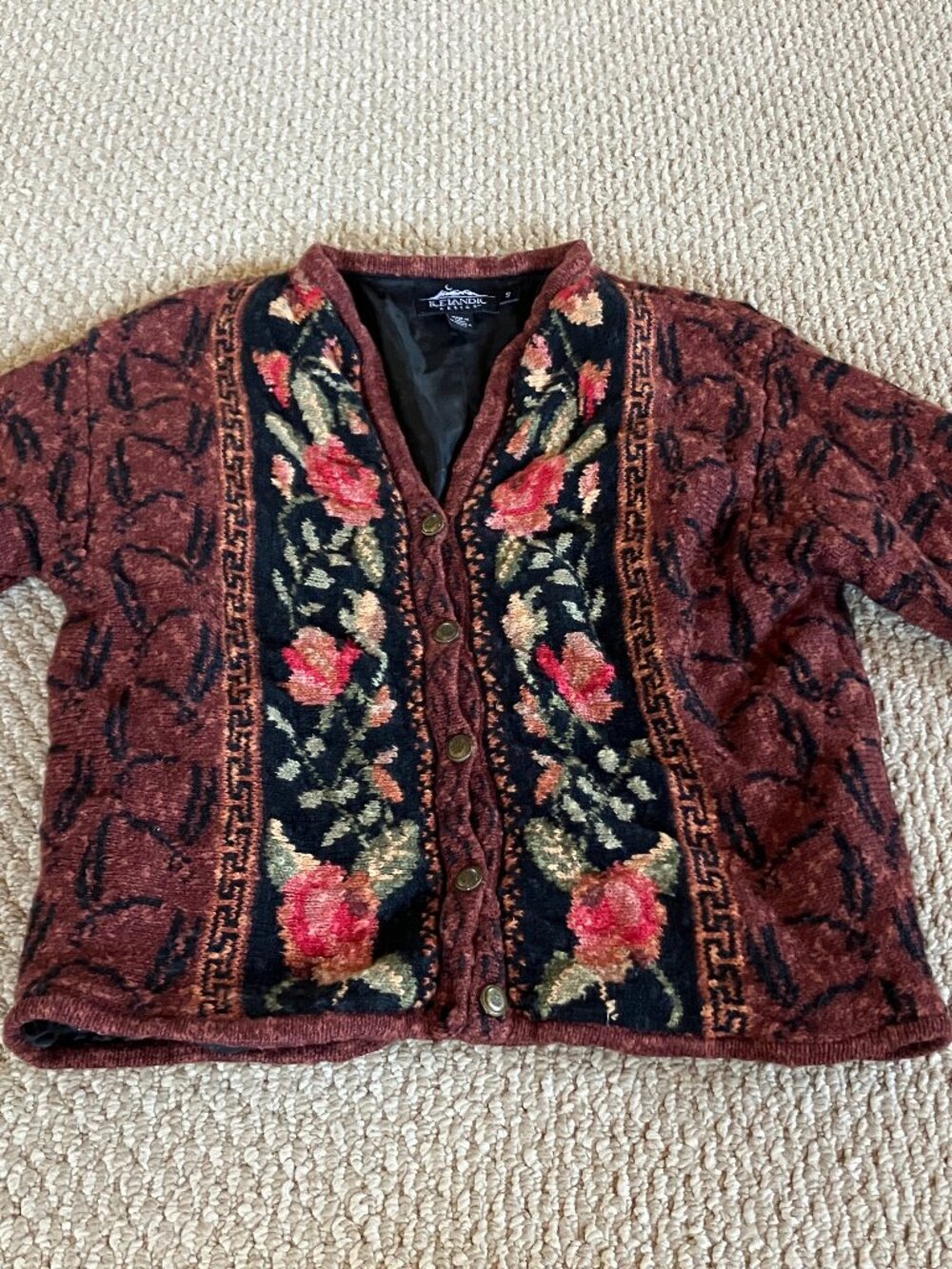 Vintage 90s Icelandic Design Red Floral Cardigan Sweater Size S